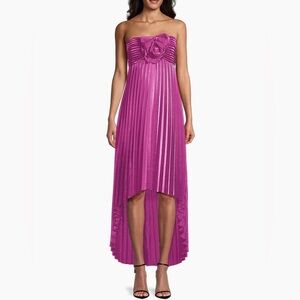 One33 Social Rosette Pleated Strapless High-Low Midi Dress Fuscia Size 2 | Galm